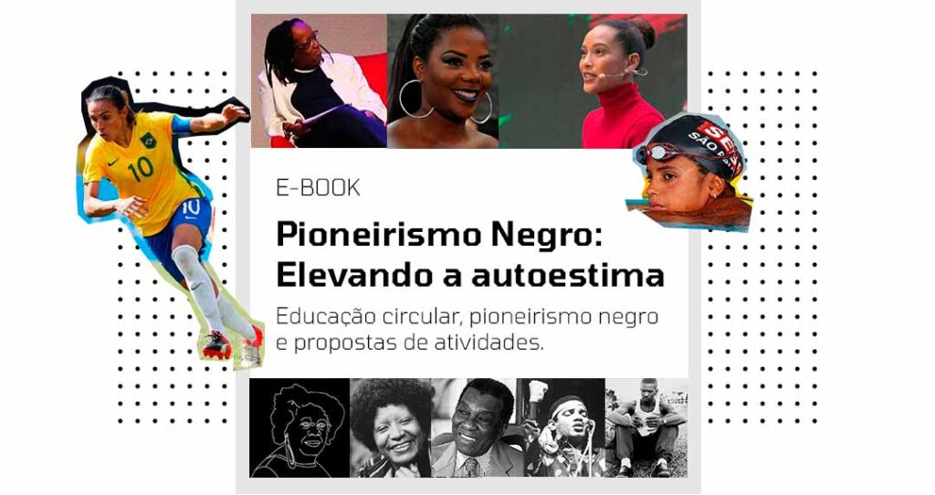 Montagem com os pioneiros em destaque nas atividades do e-book.